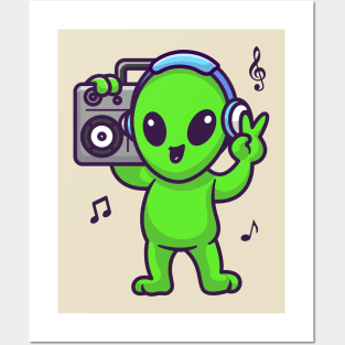 Cute Alien Listening Music With Boombox And Headphone Cartoon Posters and Art